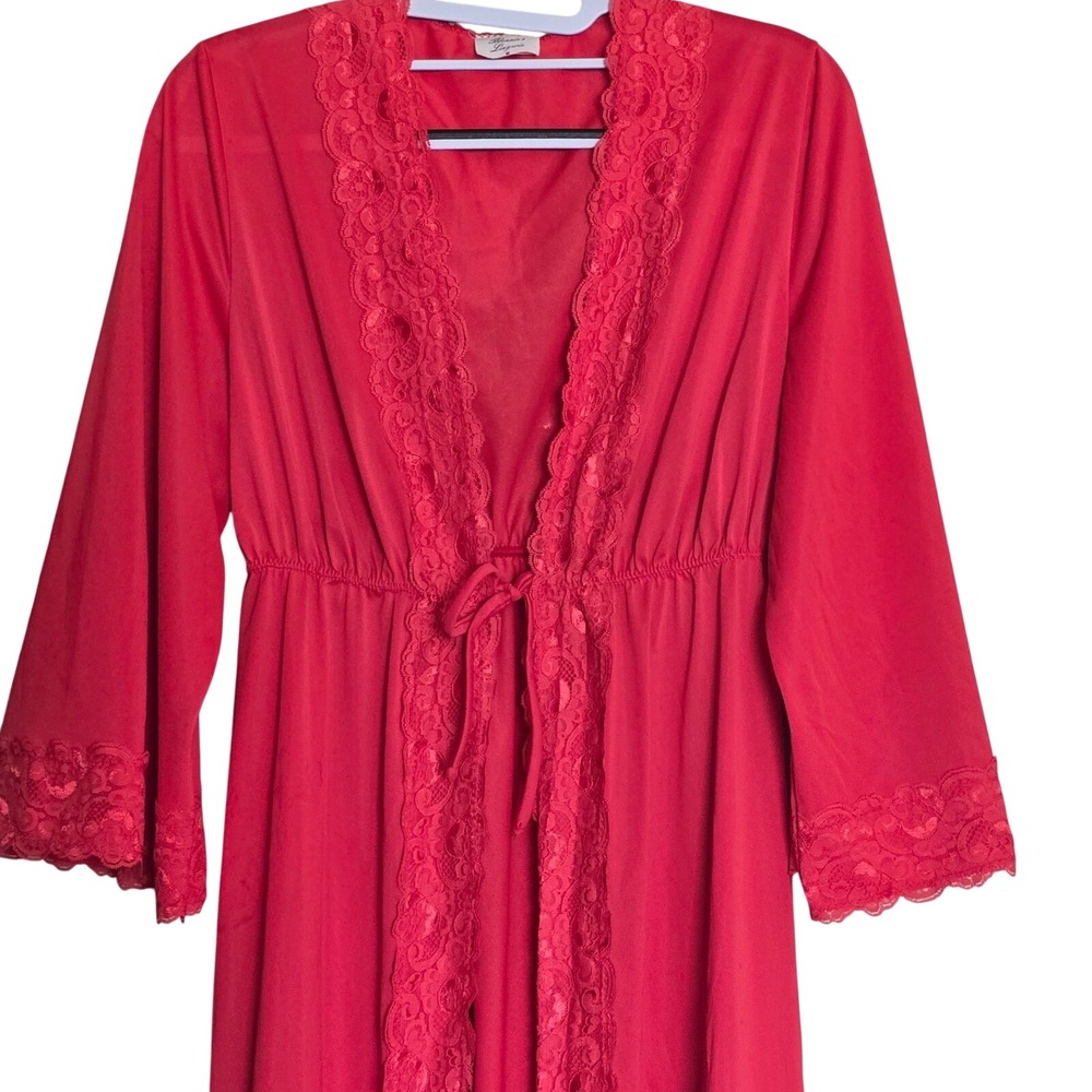 VTG Lingerie Red Lace Trim Maxi Robe Tie Front Empire Waist Long Glam Boudoir